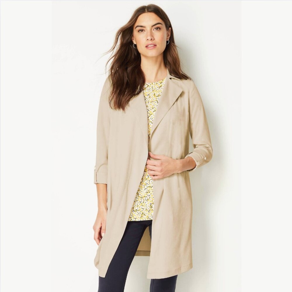 J. Jill Wearever Draped Open Front Trench Coat Jacket Longline Khaki‎ Medium